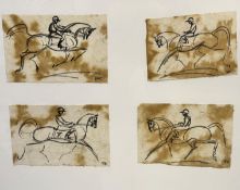 Terry Barron Kirkwood (Scottish) A set of four framed charcoal sketches of Jockeys on Horseback,