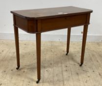 An Edwardian mahogany console table, the top lifting to reveal baize lined cutlery case, raised on