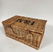 A Fortnam & Mason wicker leather trimmed picnic basket, (25cm x 52cm x 33cm)