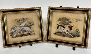 A pair of early 19thc sewn work petit point and cross stitched spaniel and quarry, on linen, in gilt