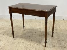 A Victorian mahogany table, with moulded top raised on ring turned supports, H75cm, W92cm, D53cm