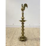 A Sri Lankan vintage brass floor standing oil lamp circa 1970 with cockerel surmount H115cm