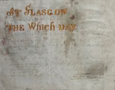 A glazed ebonised framed double sided City of Glasgow Order with City Crest on velum to Captain