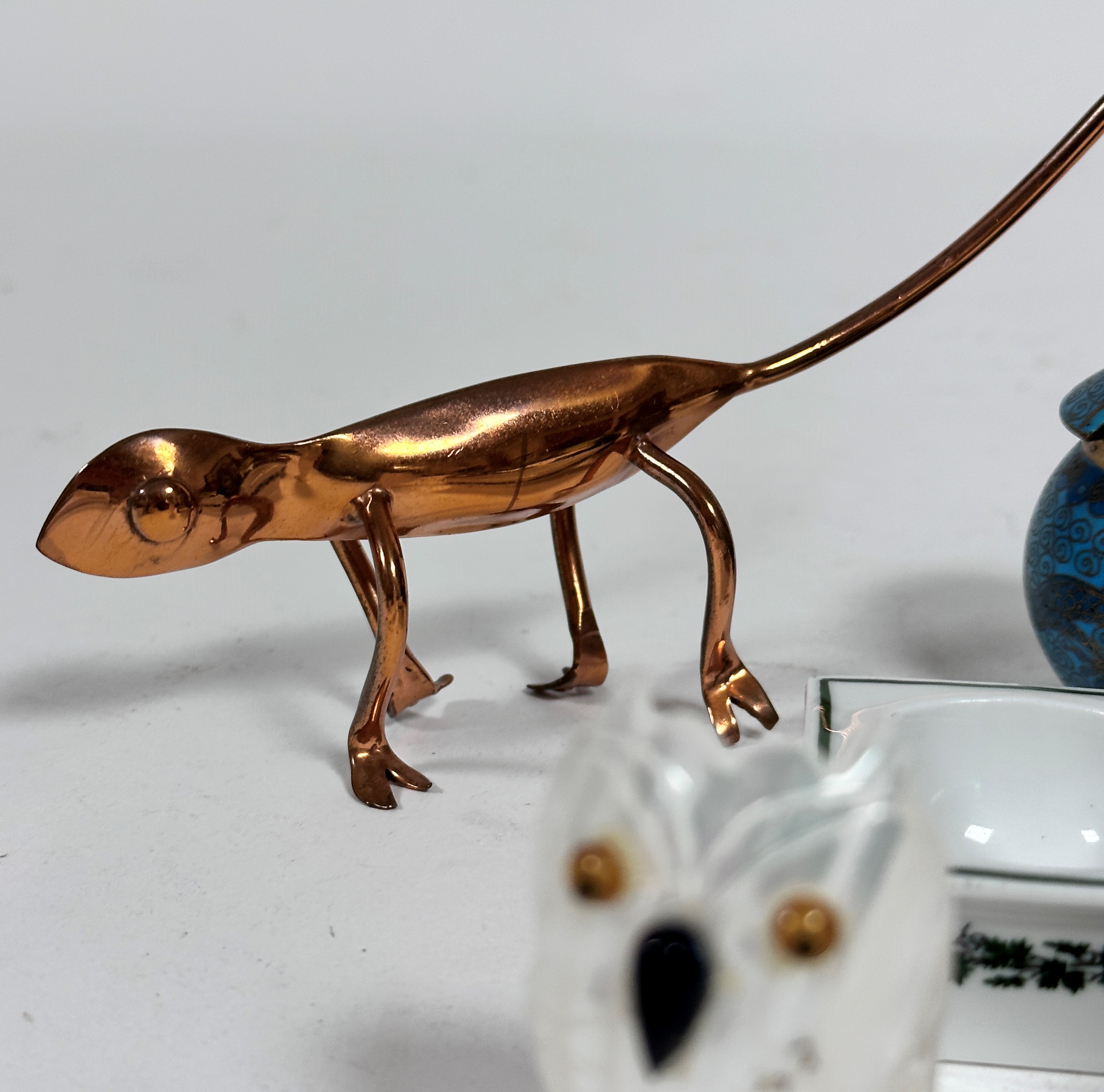 A copper Chameleon (15cm including tail), a shell Owl , a Meissen miniature salt and cloisonne - Image 3 of 4