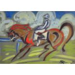 Terry Barron Kirkwood (Scottish) Jockey on Horseback, watercolour, signed bottom right, gilt