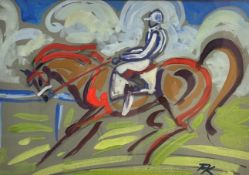 Terry Barron Kirkwood (Scottish) Jockey on Horseback, watercolour, signed bottom right, gilt