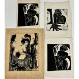 A group of three 20thc lino cuts of Female Figures, signed indistinctly in pencil, unframed, (20cm x