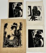 A group of three 20thc lino cuts of Female Figures, signed indistinctly in pencil, unframed, (20cm x