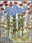 Morris, Pansies, Daisies, Hollyhocks, pastel, signed bottom right, glazed oak mounted frame, (69cm x