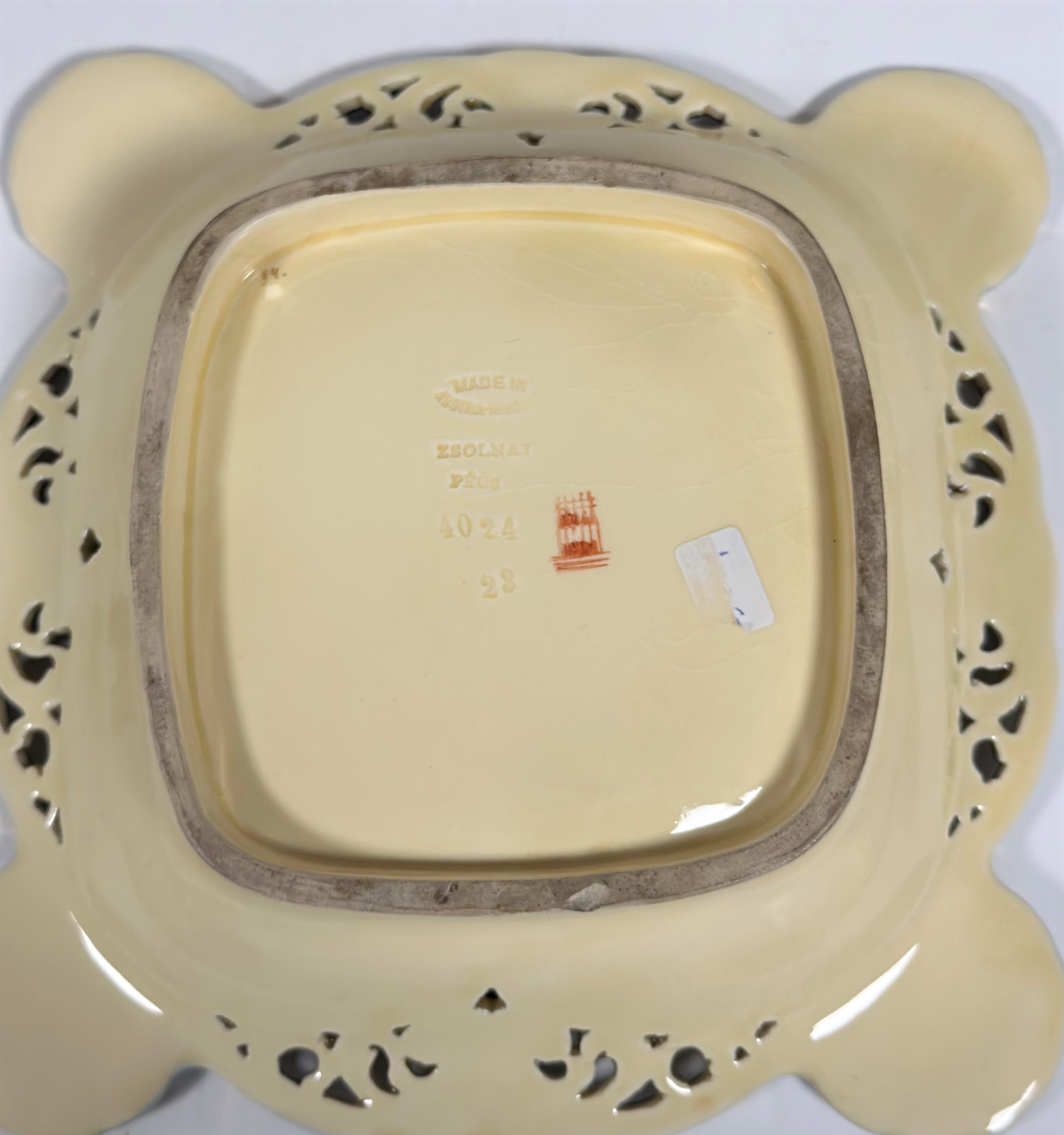 A Zsolnay Pecs, scalloped shaped dish with pierced boarder decorated with chrysanthemum design to - Image 3 of 3