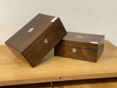 A 19th century rosewood jewellery box, with mother of pearl inlay, the interior silk and paper lined