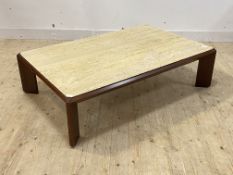 A large mid century teak framed coffee table with inset travertine top H41cm, W141cm, D94cm