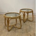 Angraves, a pair of mid century split cane and bamboo side tables with glass tops, one with