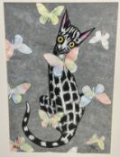 Terry Barron Kirkwood (Scottish) A Bengal Cat with Butterflies, mixed media with pastel and