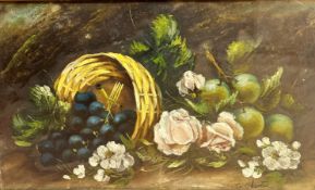 Still Life with Grapes and Apples and Roses, oil on panel, signed bottom right indistinctly, gilt