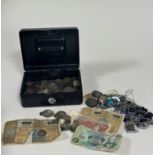 A cash box containing generally common coins, including a 1882 U.S.A. cent VG - F, Palestine 5