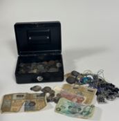 A cash box containing generally common coins, including a 1882 U.S.A. cent VG - F, Palestine 5