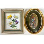 FXO, a ceramic tile with hand painted floral spray, in silver and painted frame, (12.5cm2) and a