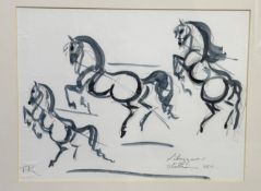 Terry Barron Kirkwood (Scottish) Prancing Lipuzzana Stallions, pencil and watercolour sketch, signed