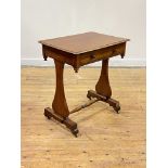 A Victorian mahogany stretcher table, the moulded top over frieze drawer opposed by a dummy,