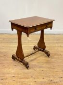 A Victorian mahogany stretcher table, the moulded top over frieze drawer opposed by a dummy,