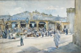 Jessie MacGibbon (fl. 1900), "Malta", a view of a market in Valetta, signed lower left and titled