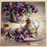 •Ethel Walker (Scottish, b. 1941), Black Tulips and Silver, signed lower right, oil, framed. 42cm