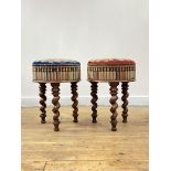 A pair of Victorian mahogany stools, the seats of cylindrical outline covered in the original