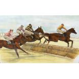 •Alan Brassington (British, b. 1959), Over the Jump, signed lower left, watercolour, framed. 65cm by