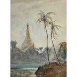 U Ba Thet (Burmese, 1903-1972), View of the Shwe-Dagon Pagoda, Rangoon, signed lower left,