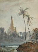 U Ba Thet (Burmese, 1903-1972), View of the Shwe-Dagon Pagoda, Rangoon, signed lower left,