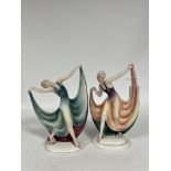 Katzhutte, a pair of porcelain Art Deco figures of ladies, each holding the hem of her dress