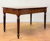 A Regency mahogany library table, in the manner of Gillows, the (associated) rectangular top