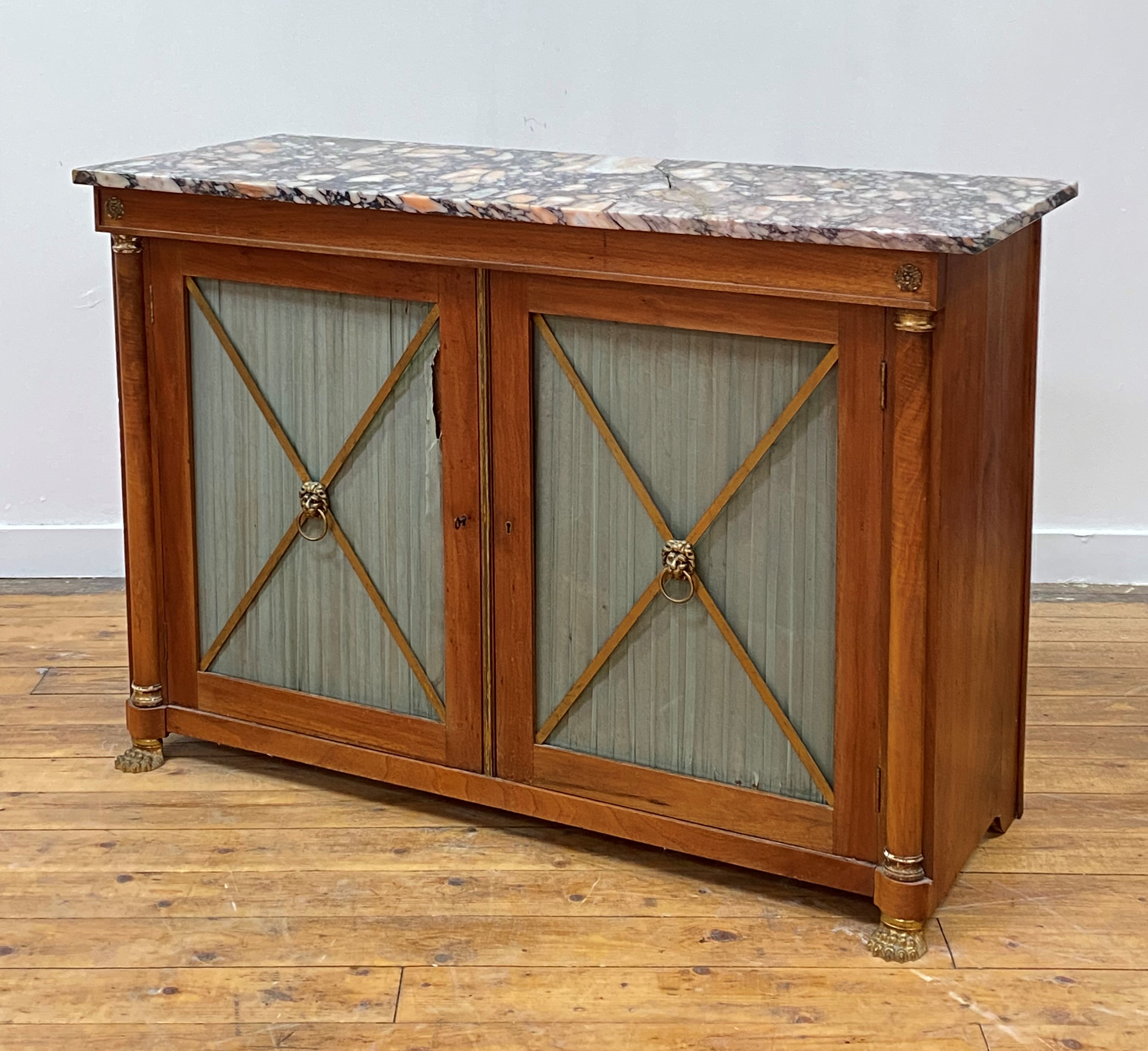 A Regency marble-topped mahogany side cabinet, the (damaged) rectangular marble top over a pair of - Image 2 of 5