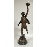 After Emile Louis Picault (1833-1915), Victoria, a bronzed metal figural lamp, on a rouge marble