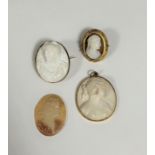 A group of shell and other cameos comprising: an oval white cameo mounted in yellow metal (unmarked)