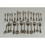 A 19th century and later assembled silver flatware service, Fiddle and Shell pattern, comprising: