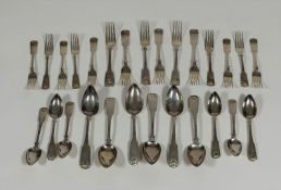 A 19th century and later assembled silver flatware service, Fiddle and Shell pattern, comprising: