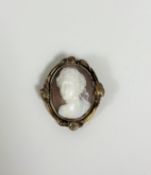 A 19th century shell cameo brooch, oval, carved with an image of a young Diana, a crescent moon in