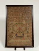 A late 18th century needlework sampler, Janet Watt, aged 14, worked with a fountain, birds, animals,