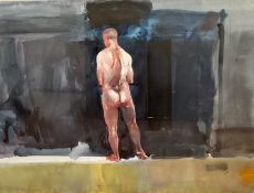 Contemporary School, Male Nude, watercolour, unsigned, framed. 80cm by 109cm