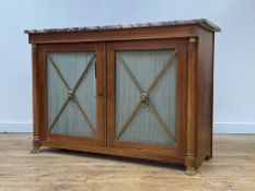 A Regency marble-topped mahogany side cabinet, the (damaged) rectangular marble top over a pair of