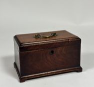 A George III mahogany tea caddy, of two divisions, of plain oblong form with bracket feet. 14cm by