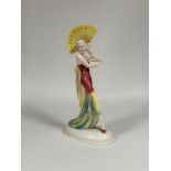 Katzhutte, a large Art Deco porcelain figure of a girl holding a fan aloft, green printed marks.