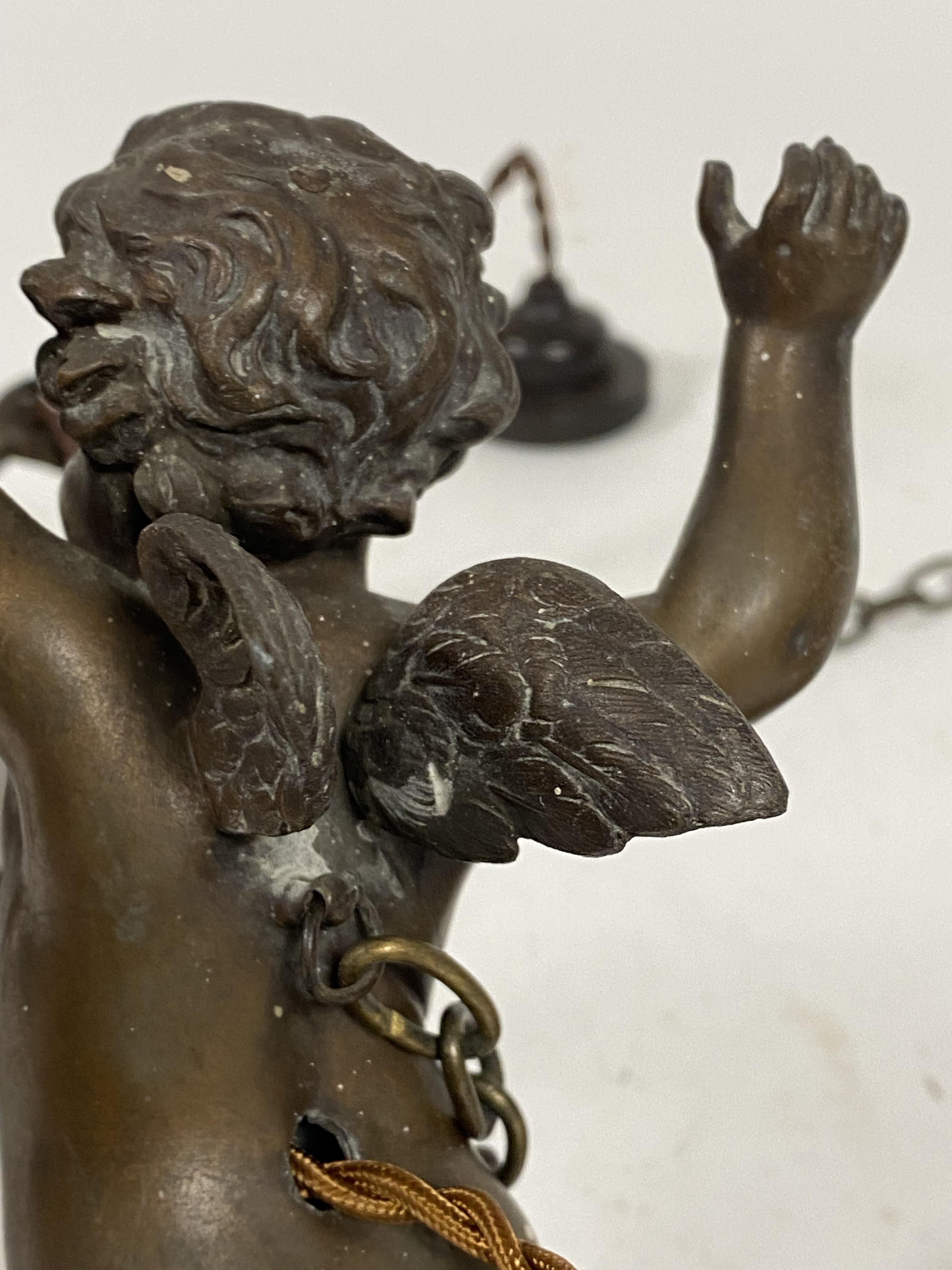 A set of three patinated metal figural hanging lights, early 20th century, each modelled as a - Image 3 of 3