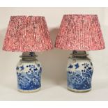 A pair of large OKA Chinese blue and white "Fenghuang" table lamps, of baluster form, decorated with