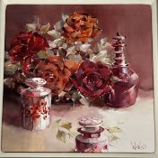 •Ethel Walker (Scottish, b. 1941), Red Glass and Roses, signed lower right, oil, framed. 43.5cm