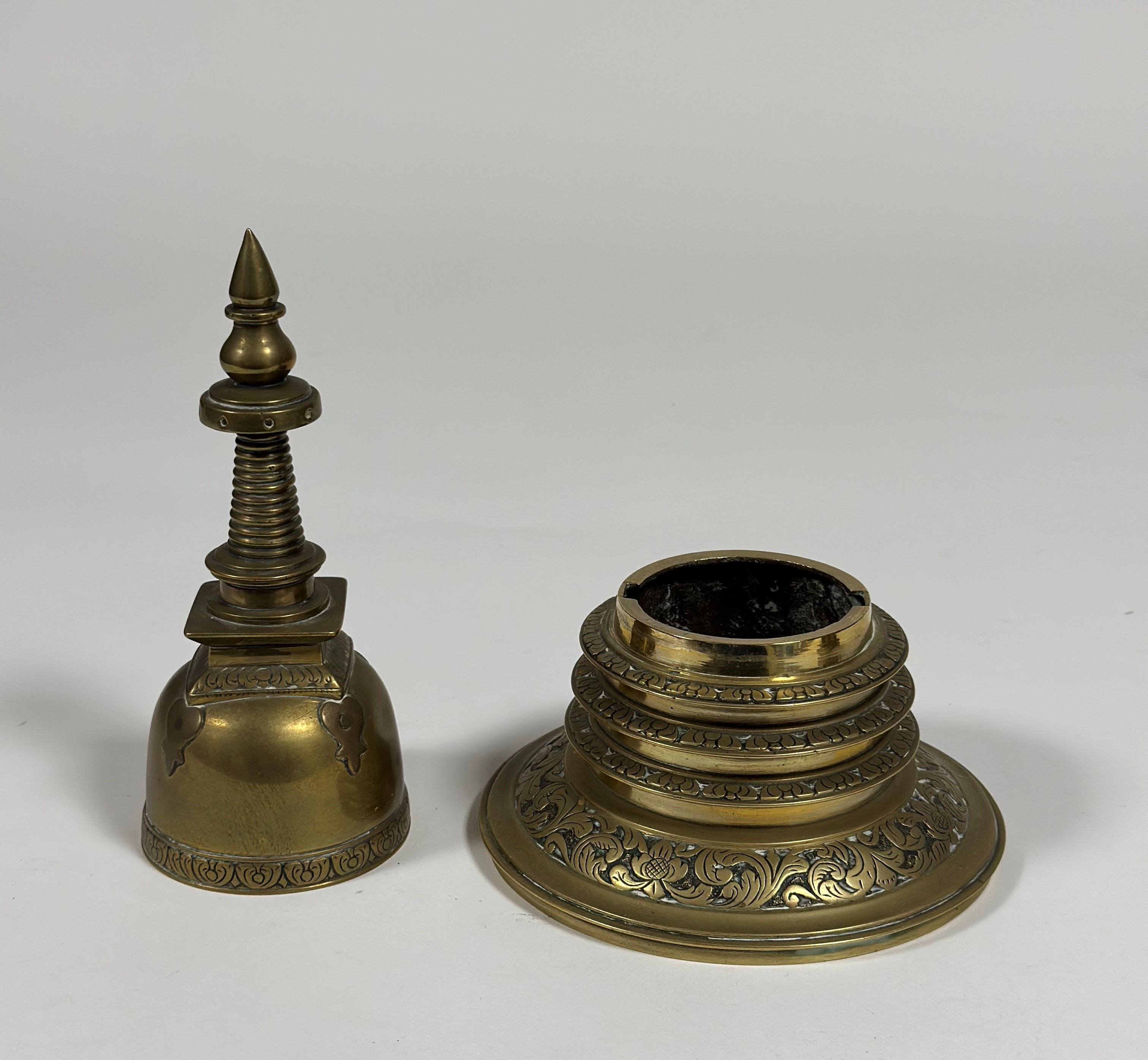 Two brass stupa, probably Indian, of characteristic design. 25cm and 21cm (2) - Image 3 of 4