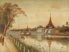 Mg Tun Hla (Burmese, 1874-1946), A View Towards the Mandalay Palace, signed lower right,