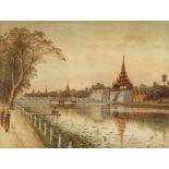 Mg Tun Hla (Burmese, 1874-1946), A View Towards the Mandalay Palace, signed lower right,